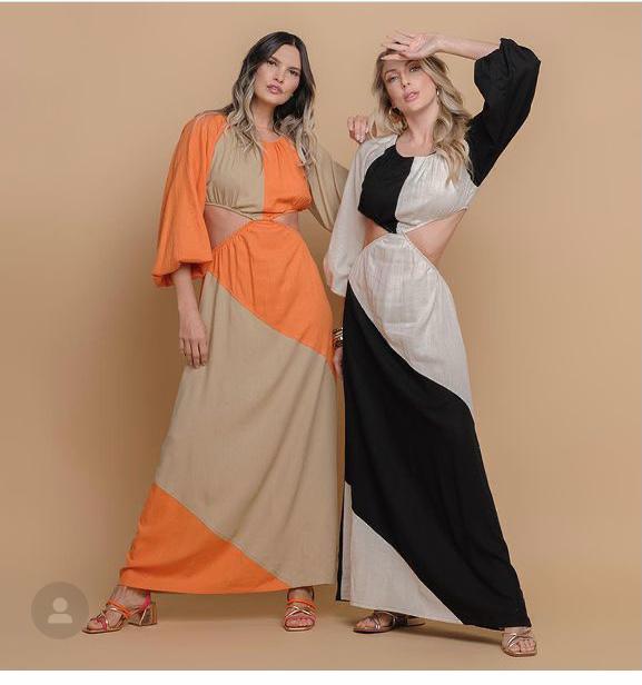 VESTIDO LONGO VISCOSE COM LINHO ROBE NOIRE CAQUI/LARANJADO P